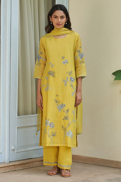Yellow floral embroidered kurta set