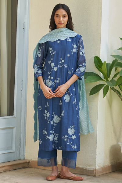 Ocean blue floral embroidered kurta set