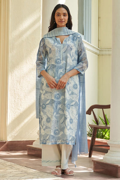 Powder blue floral printed kurta set
