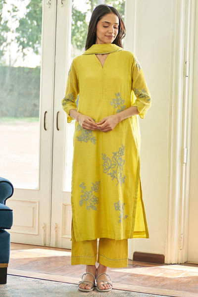 Yellow applique embroidered kurta set