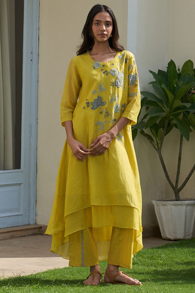 Yellow thread embroidered kurta set