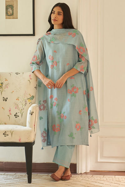 Blue applique embroidered kurta set