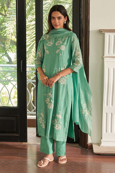 Mint applique embroidered kurta set