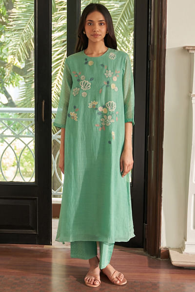 Mint floral applique embroidered kurta set