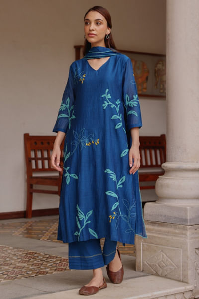 Indigo floral thread and applique kurta set