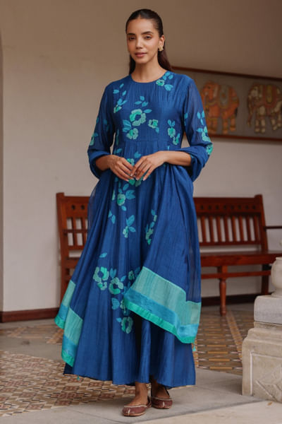 Indigo floral appliqued anarkali set