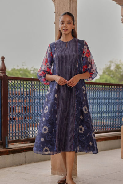 Indigo stripe-floral printed dress