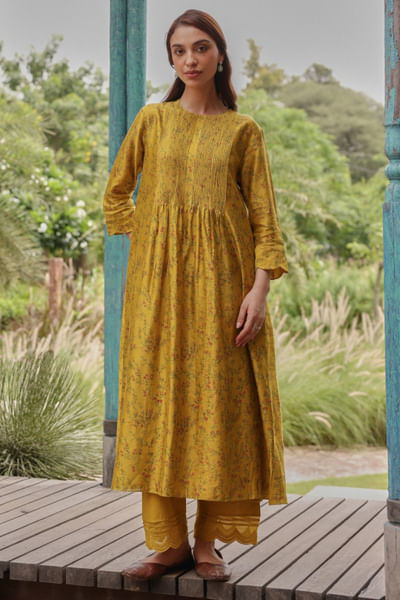Yellow floral printed kurta set