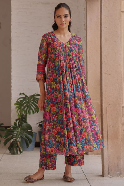 Purple floral printed kurta set