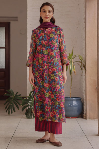 Purple floral print kurta set