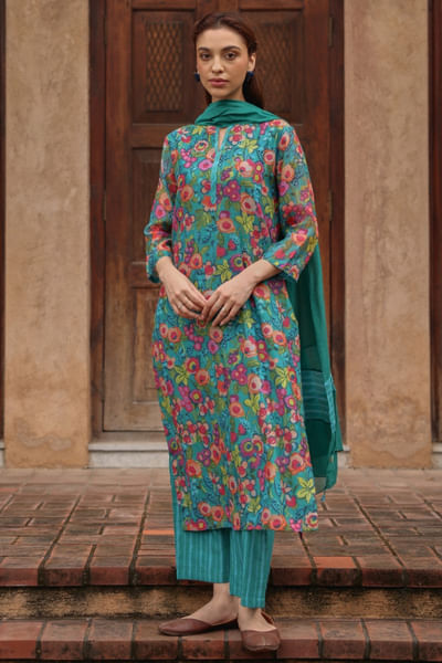 Teal floral print kurta set