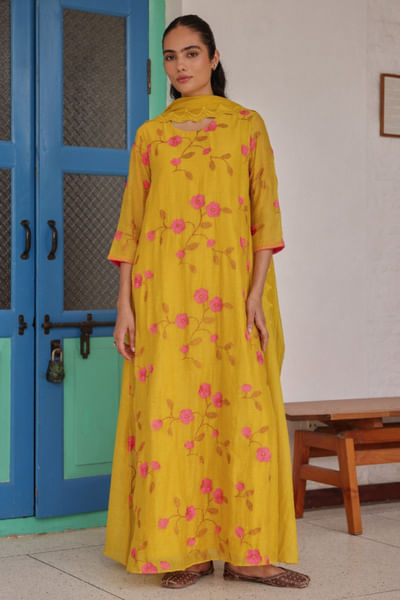 Canary floral applique embroidery anarkali set