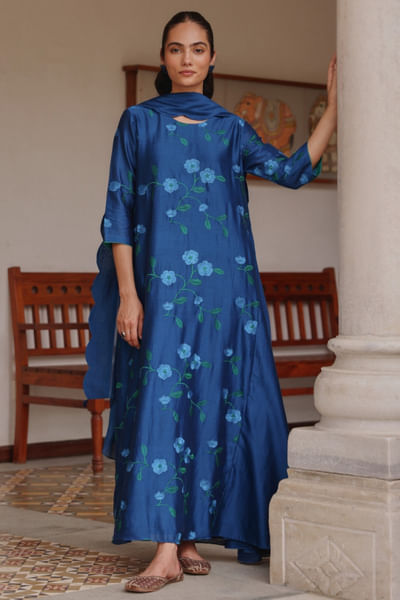 Blue floral applique anarkali set