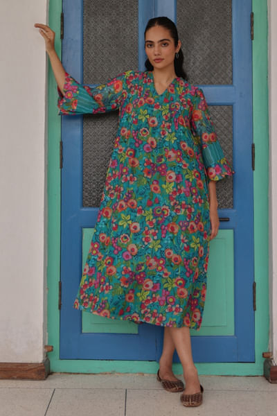 Teal floral printed dress