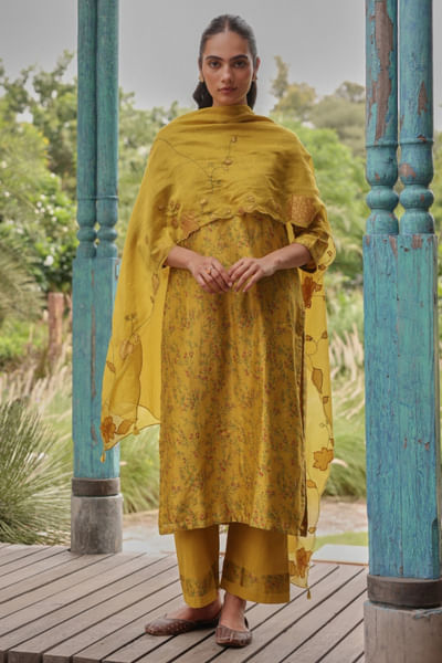 Yellow floral print kurta set