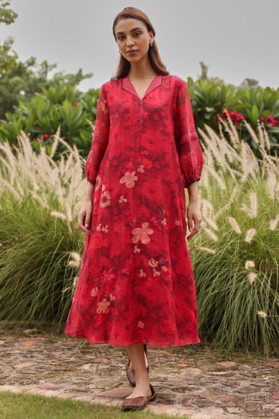 Rosewood floral print-embroidered dress