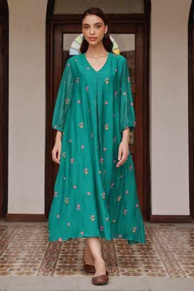 Teal floral thread embroidered dress