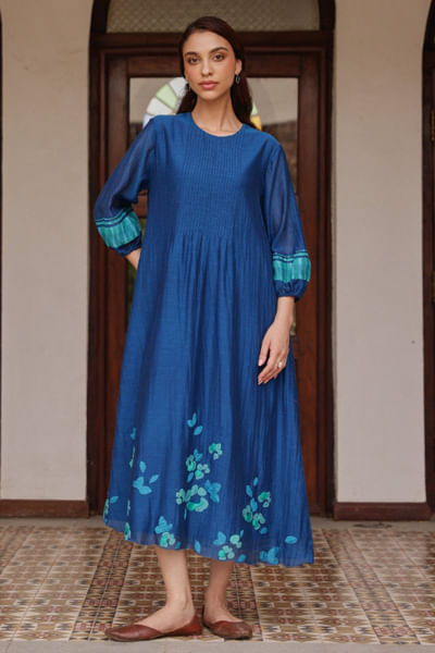 Indigo floral appliqued pintuck dress