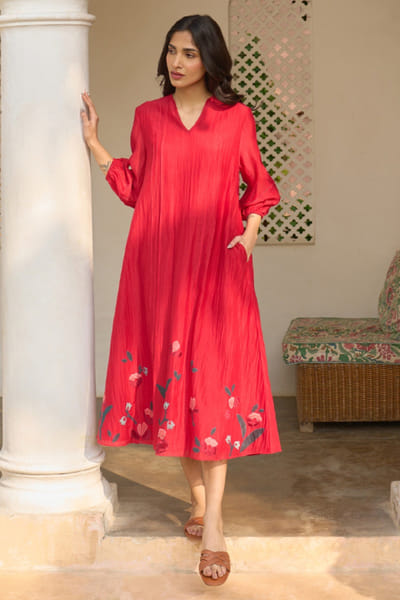 Cherry red floral appliqué and pintuck dress