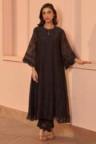 Noir floral thread embroidered co-ord set