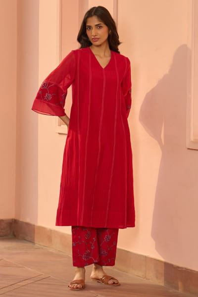 Cherry red floral thread embroidery co-ord set