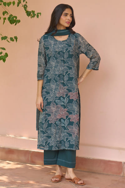 Jade floral print kantha embroidered kurta set