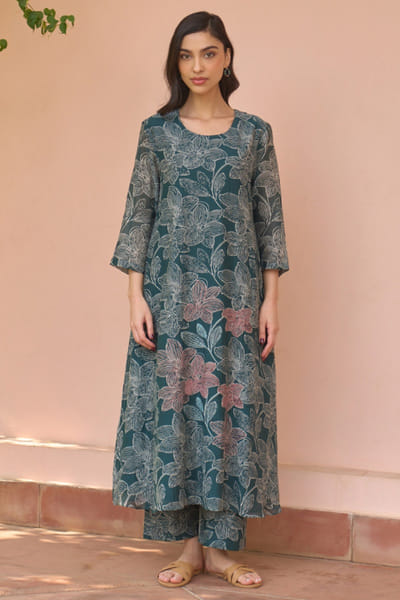 Jade floral print kantha embroidery co-ord set