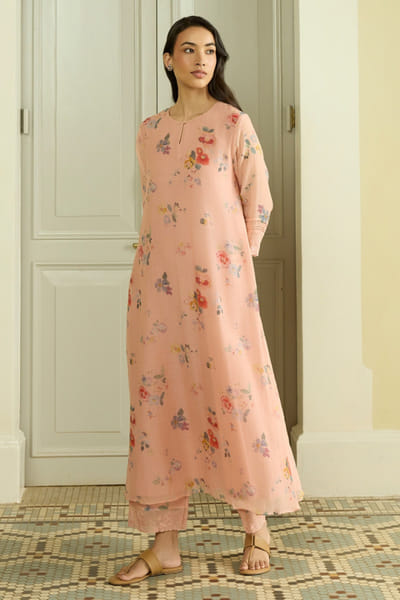 Vaayu Peach thread embroidered floral co-ord set VAAYAPR26D143014