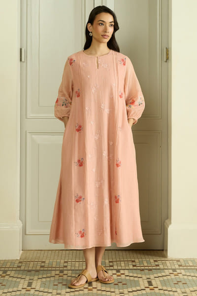 Vaayu Peach thread embroidered printed dress VAAYAPR26D143015