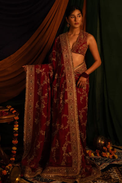 Nitika Bali Red zardozi hand embroidered sari set NITIJUL26D149244