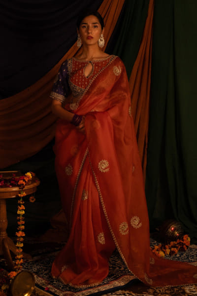 Nitika Bali Orange zardozi hand embroidered sari set NITIJUL26D149246