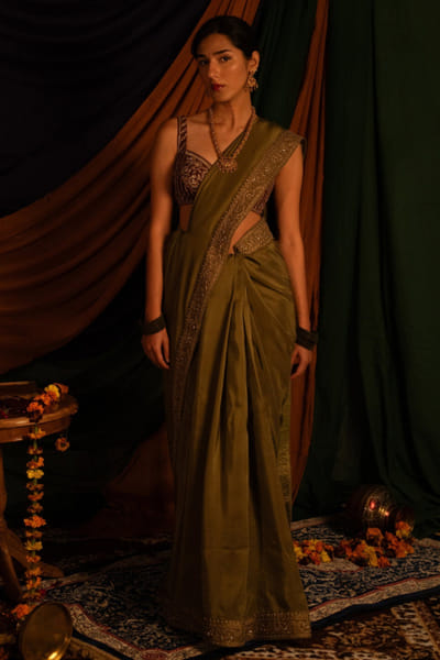 Nitika Bali Green zardozi hand embroidered sari set NITIJUL26D149249