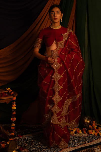 Nitika Bali Red zardozi hand embroidered sari set NITIJUL26D149250