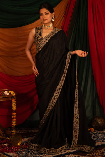 Nitika Bali Black zardozi hand embroidered sari set NITIJUL26D149245