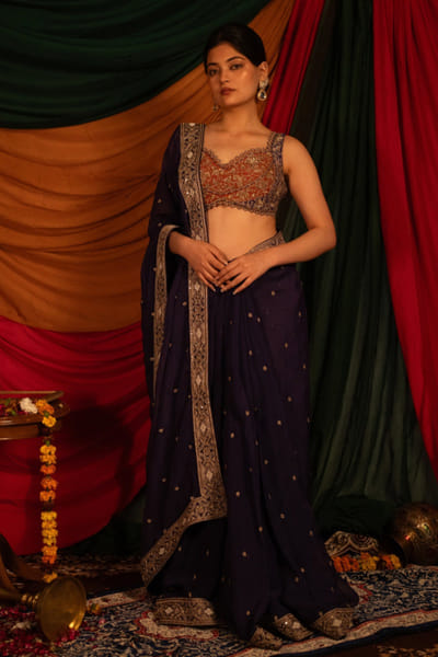 Nitika Bali Purple-orange zardozi hand embroidered sari set NITIJUL26D149247