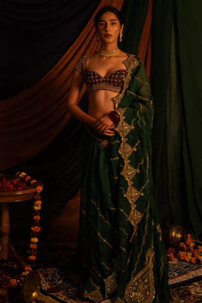 Nitika Bali Green zardozi hand embroidered sari set NITIJUL26D149248