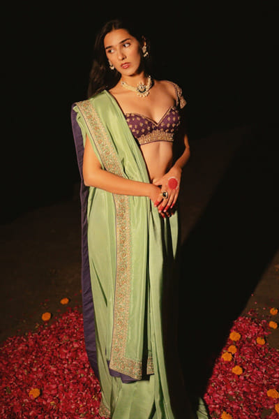Nitika Bali Green zardozi hand embroidered sari set NITIJUL26D149253