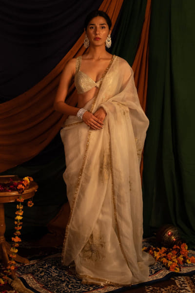 Nitika Bali Ivory zardozi hand embroidered sari set NITIJUL26D149254