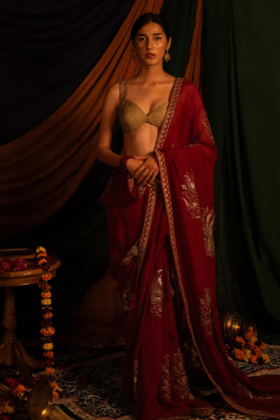 Nitika Bali Red-gold zardozi hand embroidered sari set NITIJUL26D149255