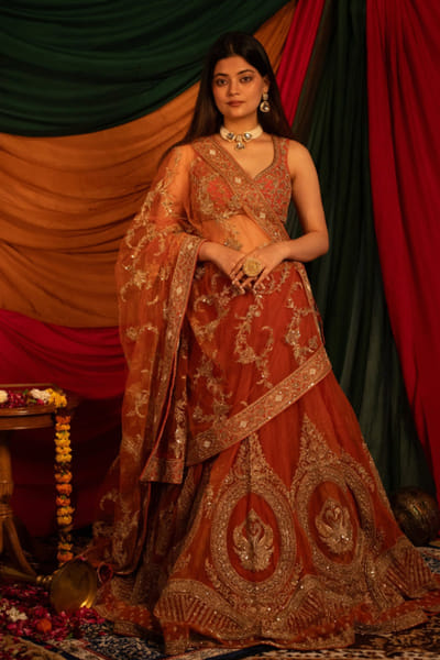 Nitika Bali Orange zardozi hand embroidered lehenga set NITIJUL26D149257