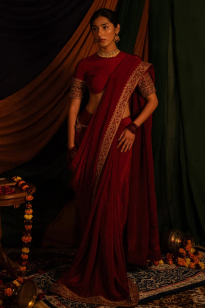 Nitika Bali Red zardozi hand embroidered sari set NITIJUL26D149260