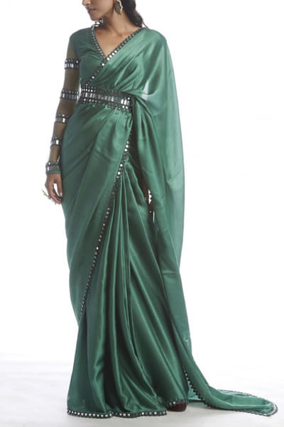 Vvani by Vani Vats Sage green satin chiffon sari set VVACHAMAK2110
