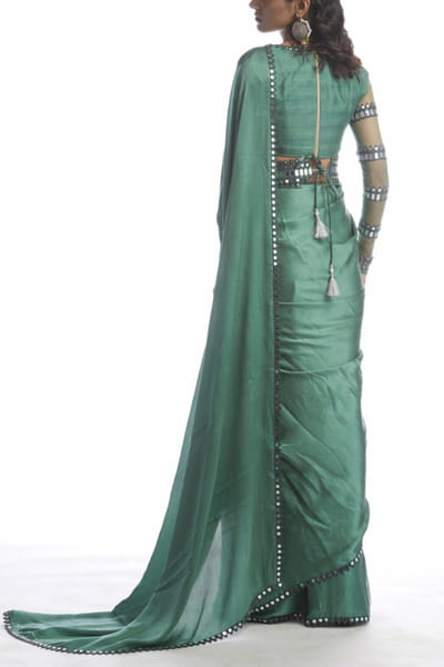 Vvani by Vani Vats Sage green satin chiffon sari set VVACHAMAK2110
