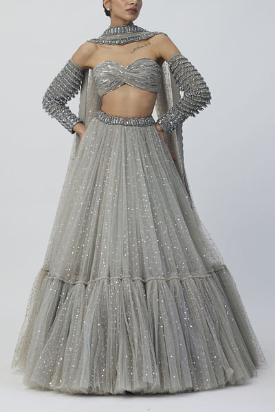 Crystal grey sequin embroidery tiered lehenga set