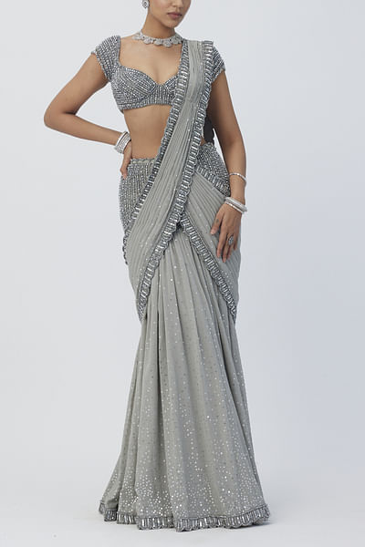 Crystal grey sequin work pre-draped sari set