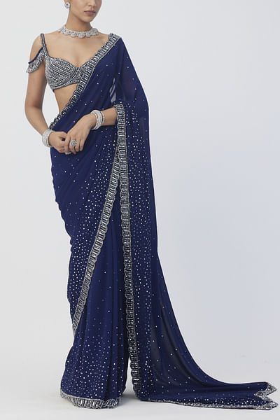 Deep blue sequin and crystal embroidered sari set