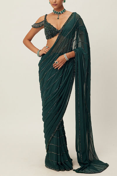 Dark jade green crystal embroidered sari set