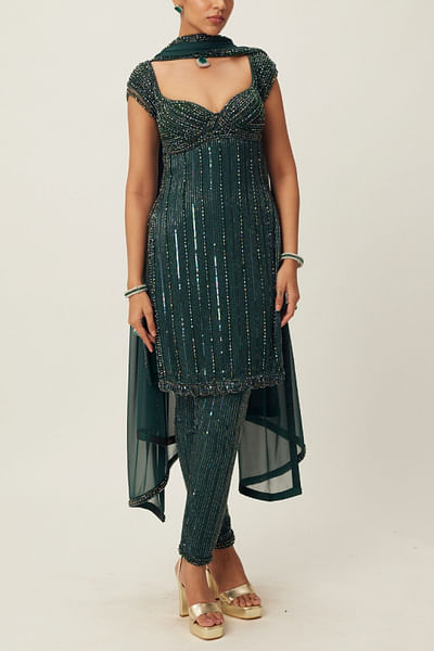 Dark jade green crystal embroidered kurta set
