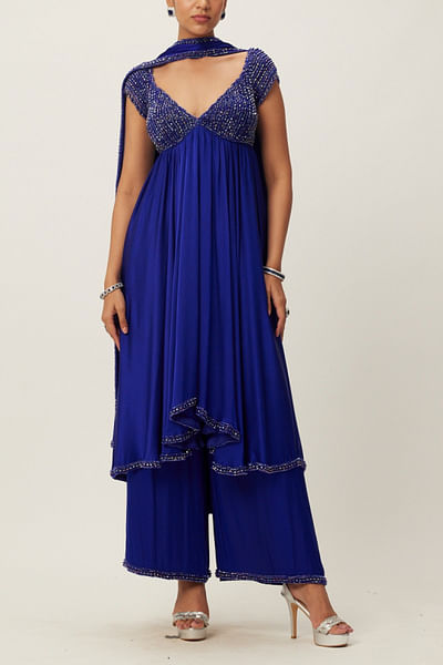 Cocktail blue crystal embroidered kurta set