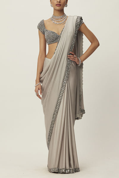 Crystal grey sequin embroidered satin sari set